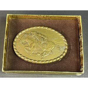 Vintage 1981 Mervyn's Pony Express Brass Belt Buckle Western Belt Buckle